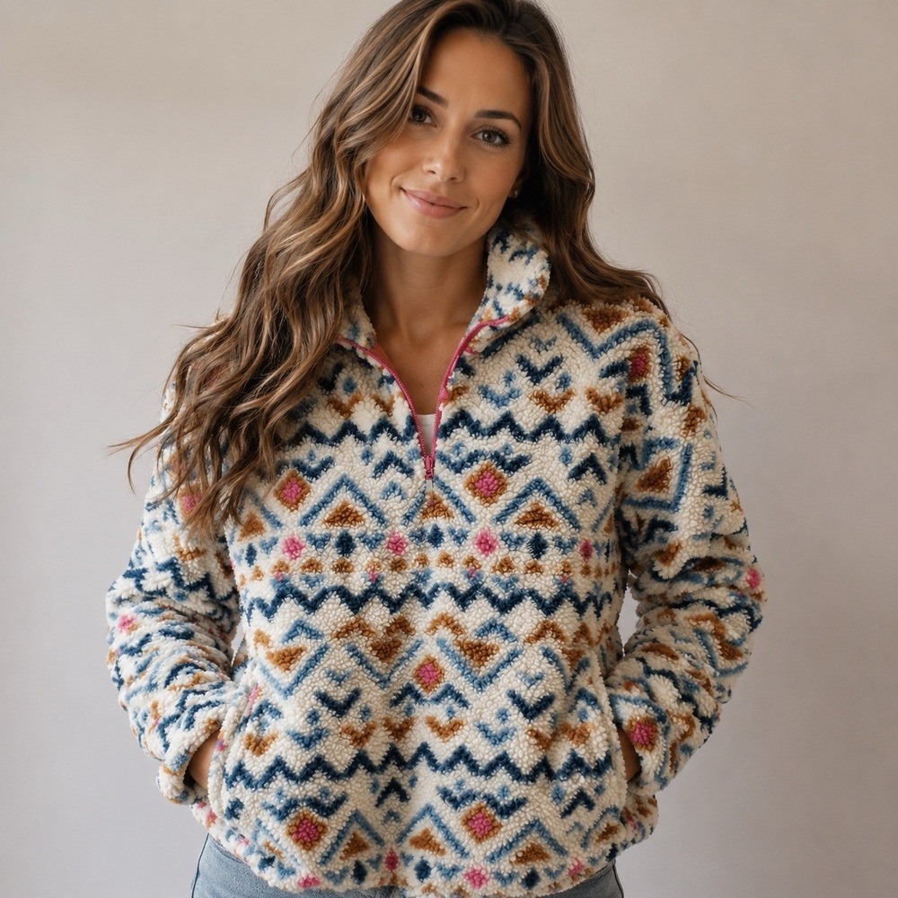 Eddie Bauer 1/4 Zip Sherpa Jacket Aztec Women's Large Blue Red Pullover Cozy